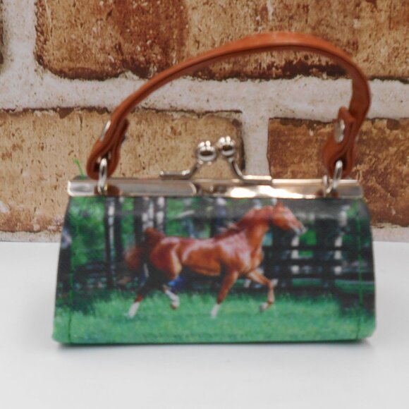 MINI LIPSTICK HORSE THEME PURSE GREEN BROWN AND SILVER CUTE - Picture 1 of 12